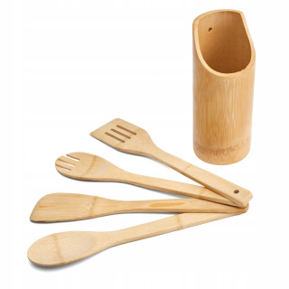 Fa konyhai eszközök szettje 2 lapát, kanál, villa + bambusz edény