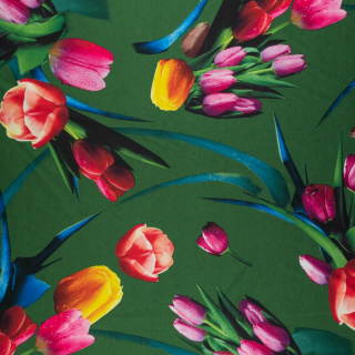Látka Jersey ITY zöld sima tulipánok kötöttáru 0,5m