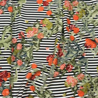 Anyag viszkóz 100% piros virágok csíkos háttér minta 0,5m