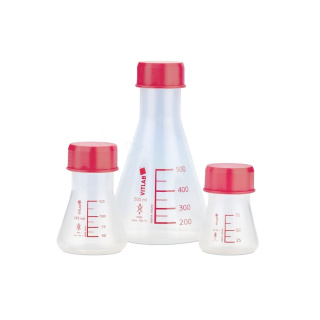 PMP Erlenmeyer lombik piros kupakkal – 250 ml, GL 45