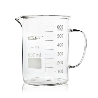 Alacsony edény fogantyúval és kifolyóval, 100 ml, bórszilikát üveg (BORO 3.3), ISO 3819, DIN 12331