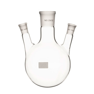 Banka guľatodnová trojhrdlová 100 ml, zábrus 29/32, 2x 14/23 šikmé hrdlá, BORO 3.3