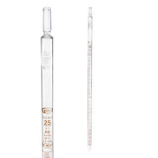 Többméretű pipetta, 25 ml (0,10 ml), AS osztály, barna skála, tanúsítvánnyal – GLASSCO, ISO 835